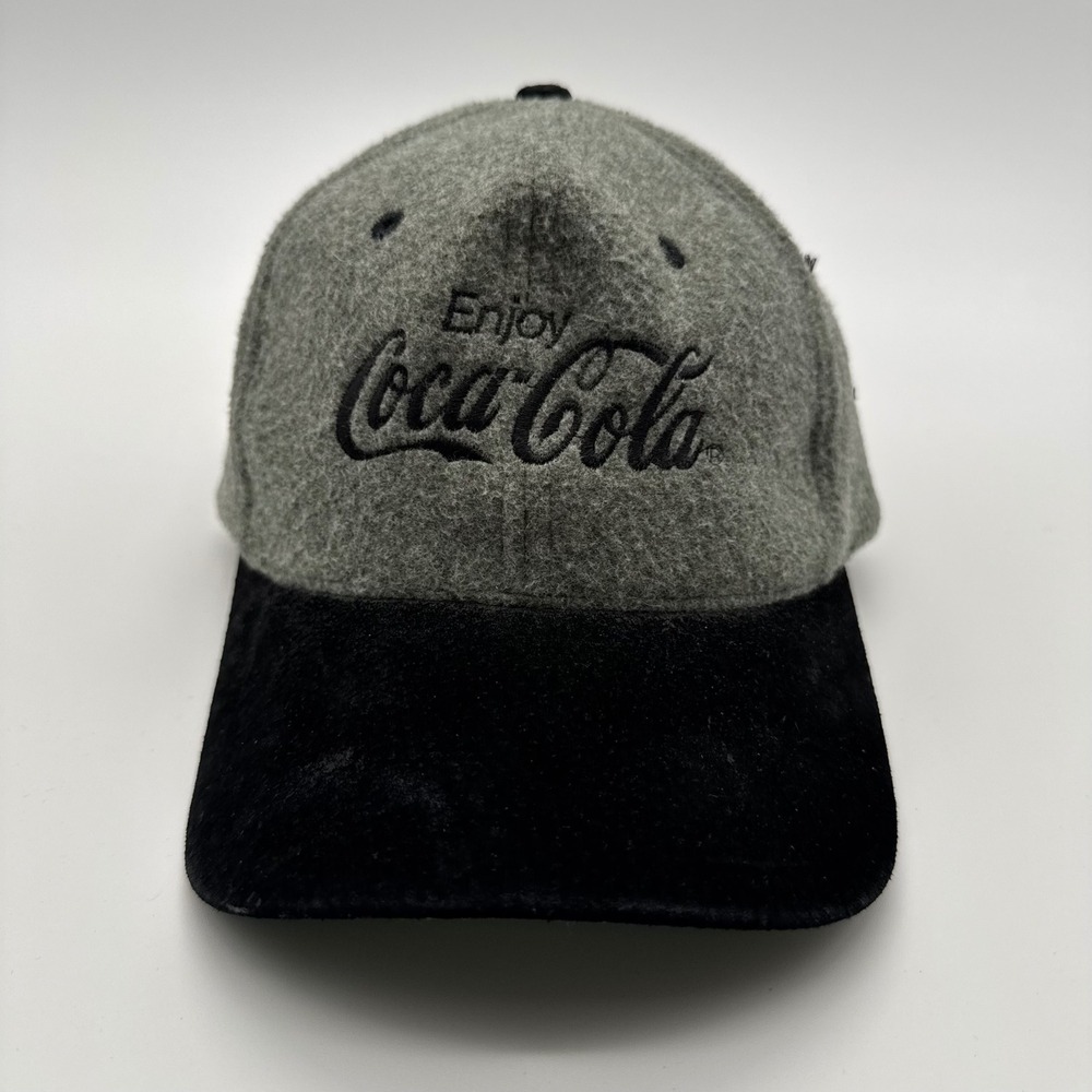 Vintage Coca-Cola KC Grey Black Suede Strapback Hat Adjustable Cap
